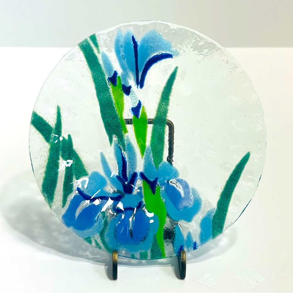 Vintage Peggy Karr Blue Iris Fused Glass Ruffled Trinket Dish Artist Signed 1989